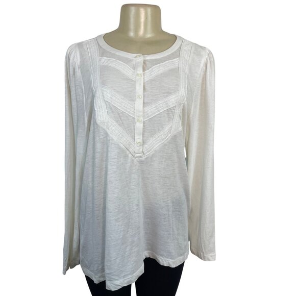 Loft Women’s White Long Sleeve Lace Detail Henley Blouse Sz XL - New - Picture 1 of 8